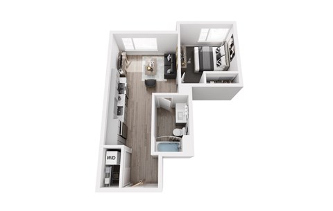 A top down view of a small apartment with a kitchen, living room and bathroom.